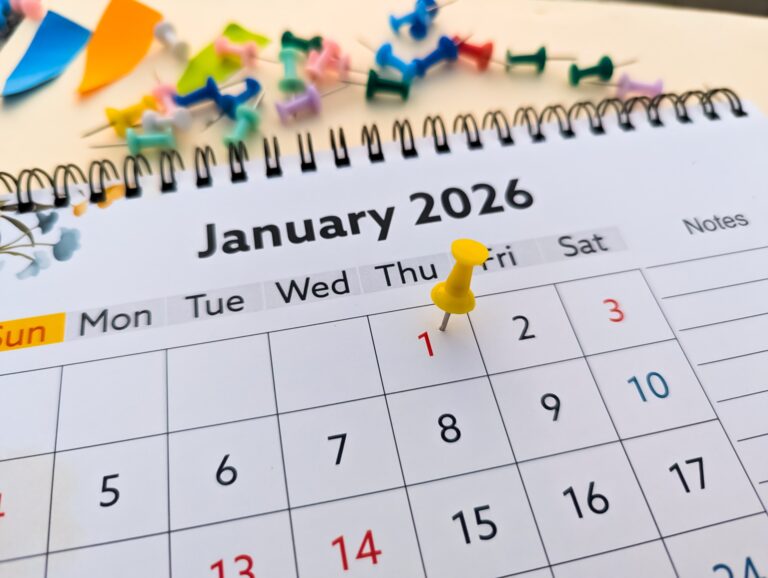 A calendar showing a yellow push pin on January 1st, 2026.